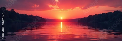 Sunset over a crimson lake with gentle water ripples, ripples, sunset