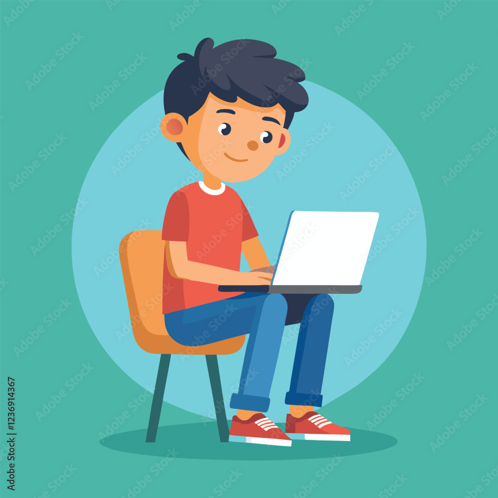 a boy is using his laptop vector a boy is using his laptop vector