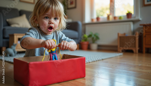 A young mischievous child opens a jack-in-the-box toy, reacting with excitement and surprise as the toy pops out