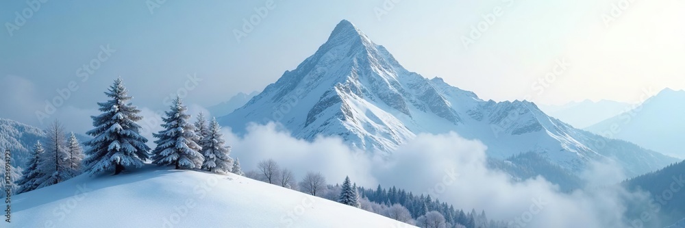 Fototapeta premium Snowy mountain peak with misty atmosphere and bare trees, alpine, rugged, mist