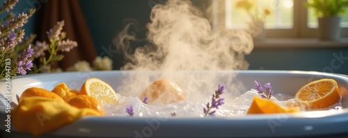 Steam rises from a citrus and lavender infused bath, nat?rliche heilung, feuchtigkeit photo