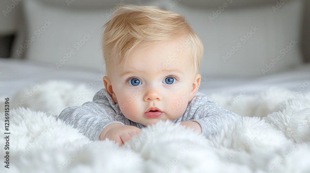 Baby boy lying on fluffy blanket, bedroom background, family portrait