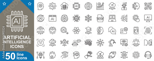 Artificial intelligence icons set. Featuring machine learning, neural networks, robotics, automation, and technology symbols and more Use. High quality vector illustration.