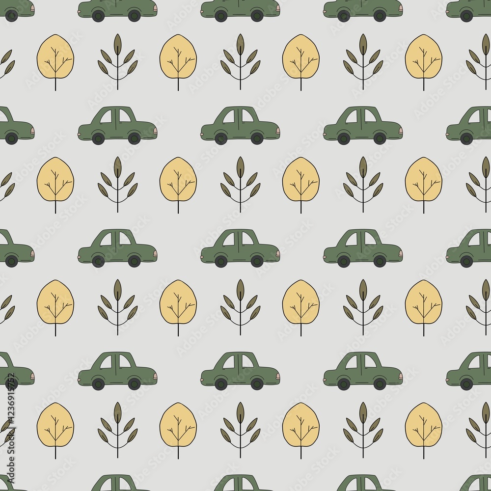 Naklejka premium Seamless watercolor pattern featuring playful cars and trees for baby textiles
