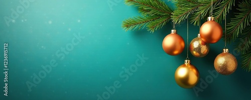 Golden ornaments hang from a branch on a teal canvas, holiday, canvas, decoration photo