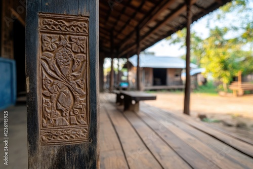 Intricate Carving on Wooden Pillar in Rural Village photo