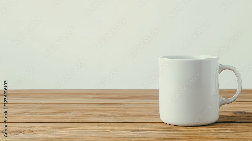 Minimalistic white ceramic tea cup on a wooden table, natural tones and simple design, soft natural lighting Minimalistic white ceramic tea cup on a wooden table, natural tones and simple design, soft natural lighting
