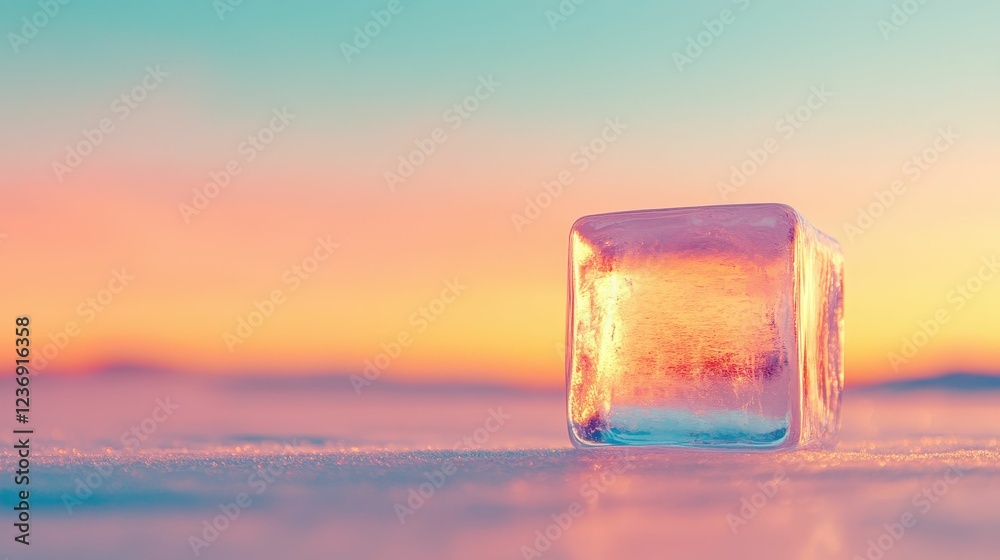 crystal-clear cube of ice on a matte white surface, sharp and cool design crystal-clear cube of ice on a matte white surface, sharp and cool design