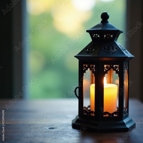 Ornate lantern with lit candle on wooden surface, evening, ambiance, elegant photo