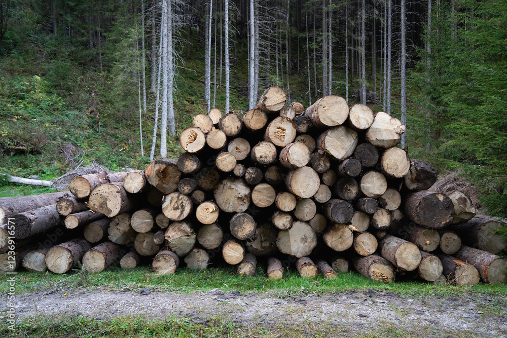 Deforestation. Stacked logs ready for transport in a forest setting during daylight hours. Hiking in Carpathian Mountains, Ukraine Deforestation. Stacked logs ready for transport in a forest setting during daylight hours. Hiking in Carpathian Mountains, Ukraine