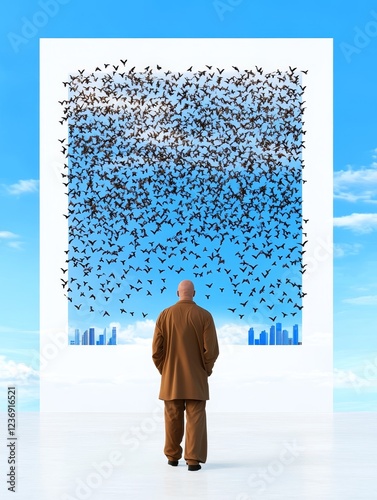 Man Contemplating a Flock of Birds - A bald man in brown robes stands before a large white frame displaying a massive flock of birds against a cityscape backdrop. photo