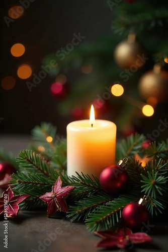 A fragrant pine scent wafts from a lit candle amidst festive holiday decorations, pine, festive photo