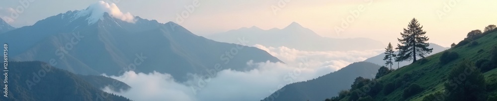 Soft gray clouds hide trees on mountain slopes, serene, scenery, tree Soft gray clouds hide trees on mountain slopes, serene, scenery, tree