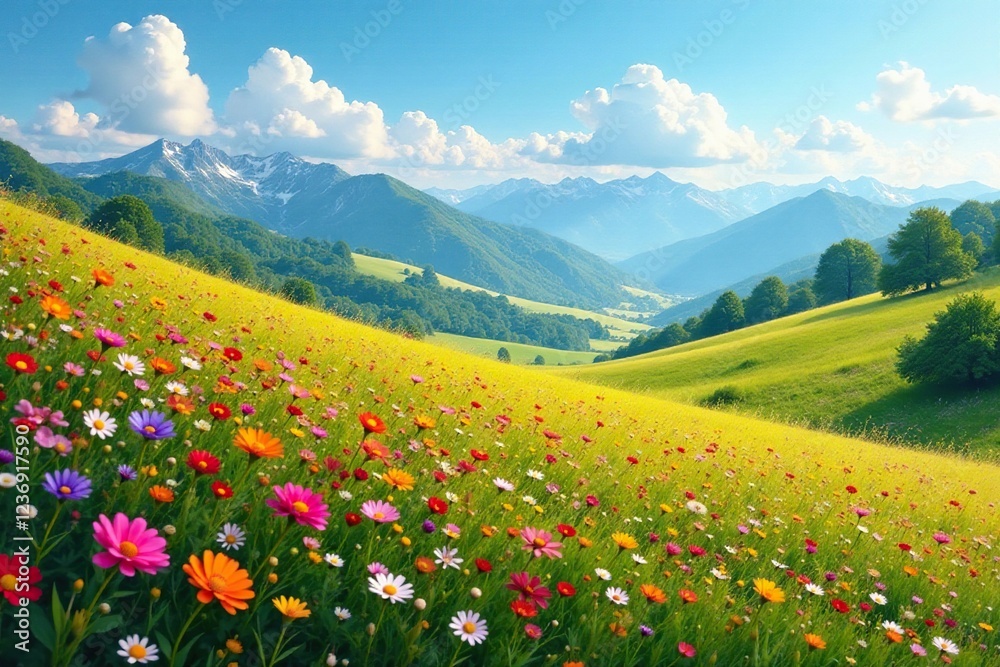 Rolling hills of wildflowers stretch towards distant mountains, landscape, flowers Rolling hills of wildflowers stretch towards distant mountains, landscape, flowers
