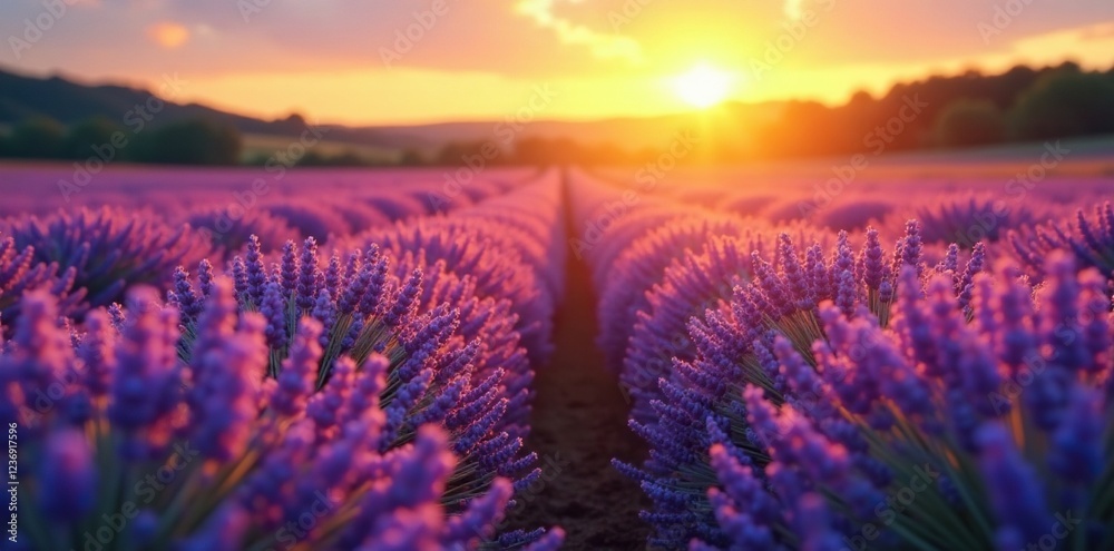 Obraz premium Soft golden light filters through lavender fields as morning breaks, gentle, dawn, natural