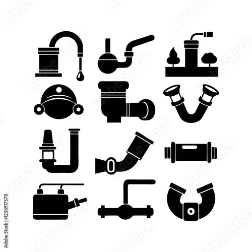 Collection of Industrial and Plumbing Icons in Silhouette Style