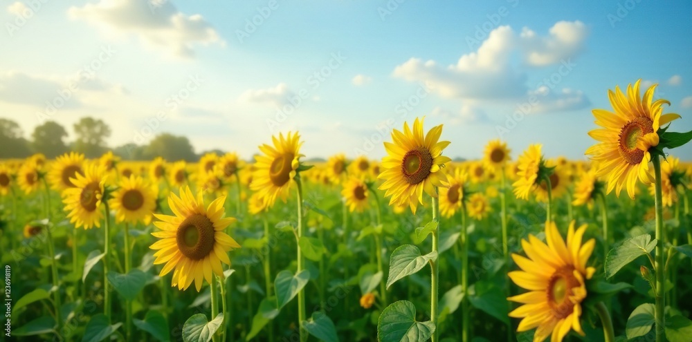 Fototapeta premium Sunflower fields with tall stalks swaying in breeze, green, sunflowers