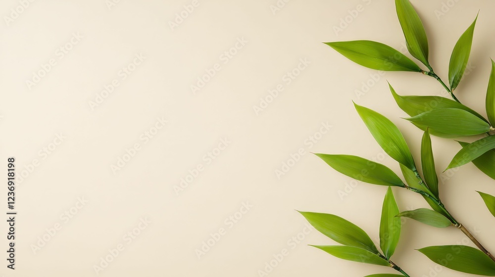 Green bamboo stalks placed diagonally on a light beige background, clean and minimalistic design Green bamboo stalks placed diagonally on a light beige background, clean and minimalistic design