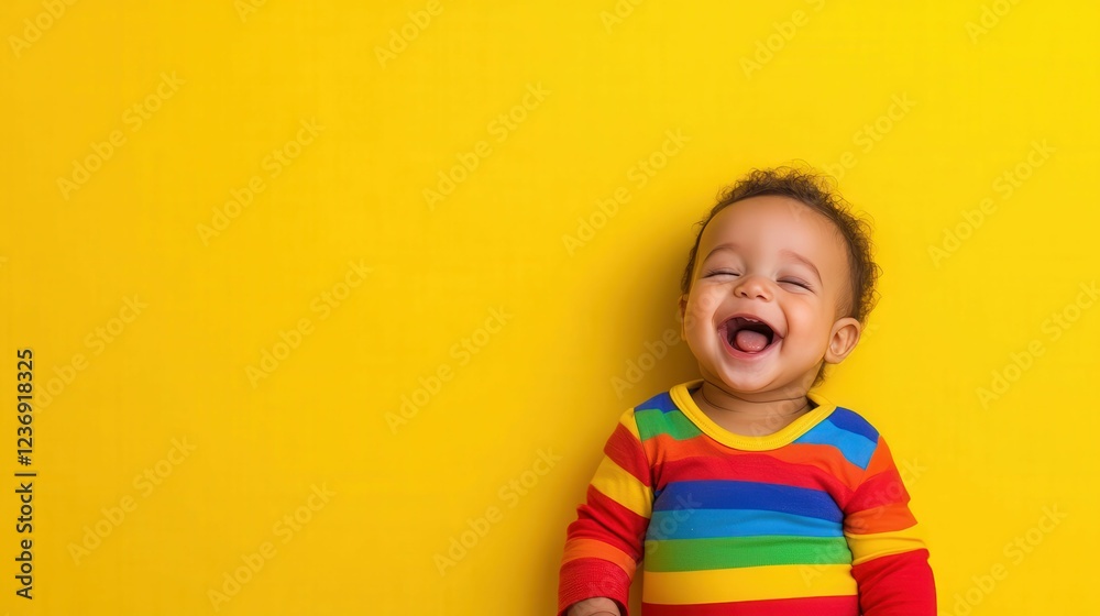 Happy smiling baby in colorful outfit against bright yellow background Happy smiling baby in colorful outfit against bright yellow background
