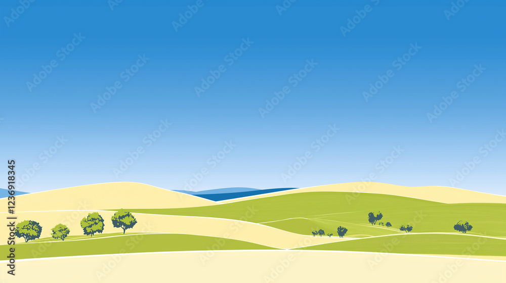 Serene Rolling Hills: A picturesque view of rolling hills dotted with trees against a clear blue sky. The vibrant green and yellow hues create a sense of tranquility and openness. Serene Rolling Hills: A picturesque view of rolling hills dotted with trees against a clear blue sky. The vibrant green and yellow hues create a sense of tranquility and openness.