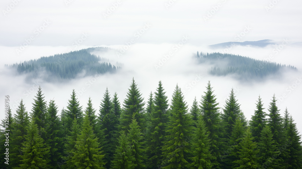Obraz premium Misty Mountain Forest: A breathtaking panorama of evergreen trees standing tall against a sea of mist-shrouded mountains. The scene is serene and mystical, evoking a sense of tranquility and wonder. 