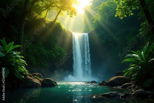 Wallpaper Mural Sunlight filters through the dense foliage and onto the rocks, sunlight filtering, tropical rainforest waterfall Torontodigital.ca