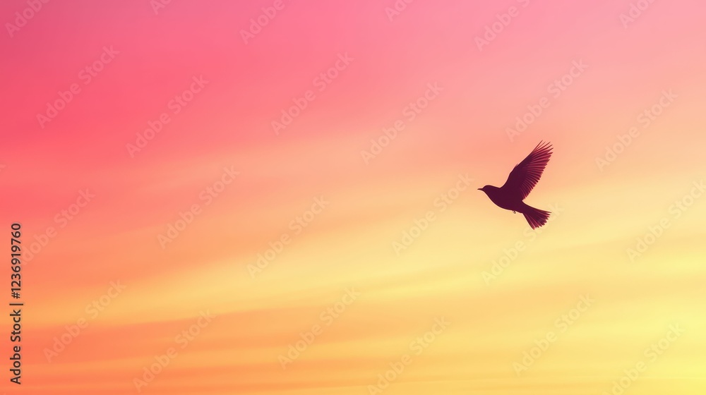 Lone bird flying against a dramatic orange sunset sky, minimalistic and serene scene, Lone bird flying against a dramatic orange sunset sky, minimalistic and serene scene,