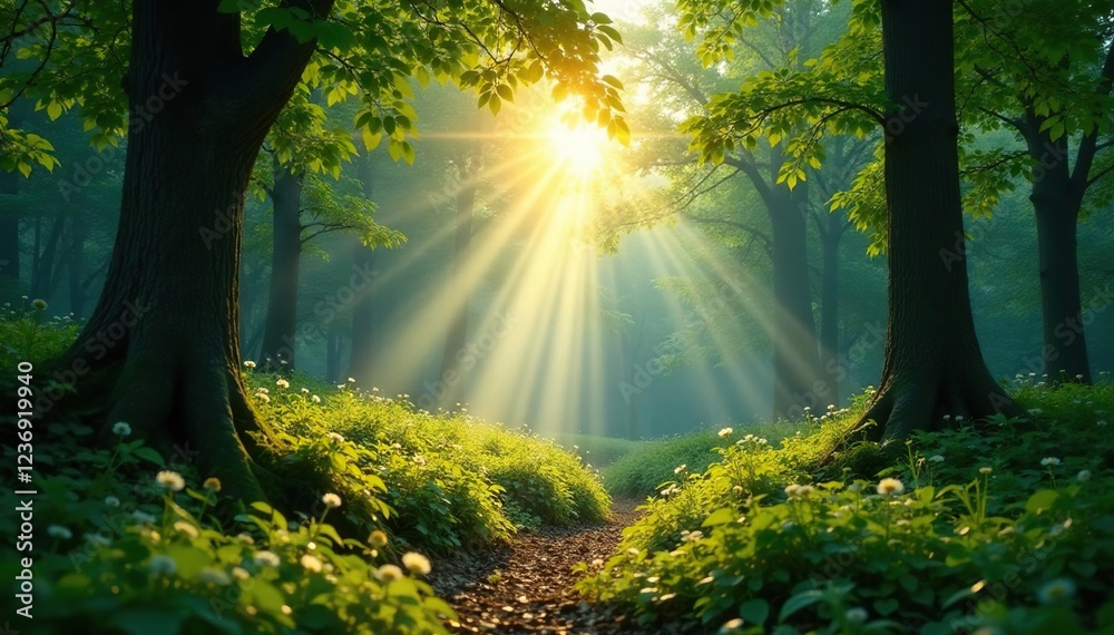 Fototapeta premium Morning light peeks through branches in forest, light, greenery
