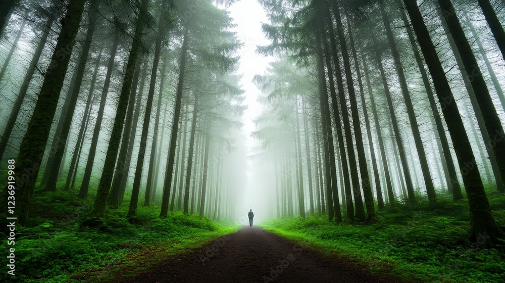 Fototapeta premium Mystical forest pathway with lone wanderer embracing nature's serenity and beginnings