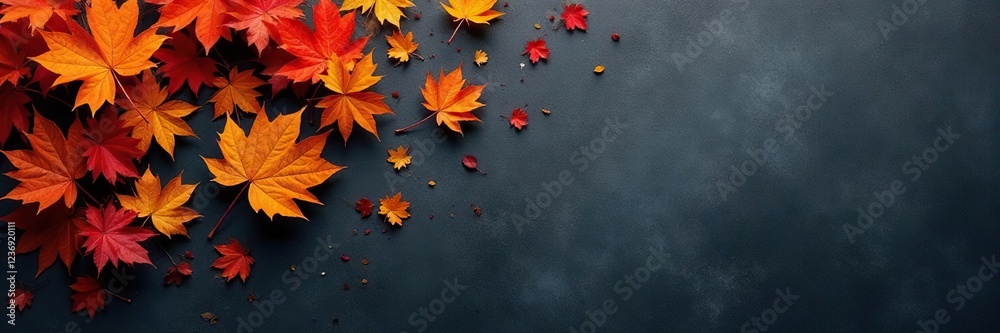 Amber foliage scattered across a dark gray canvas, colors of autumn, dark gray Amber foliage scattered across a dark gray canvas, colors of autumn, dark gray