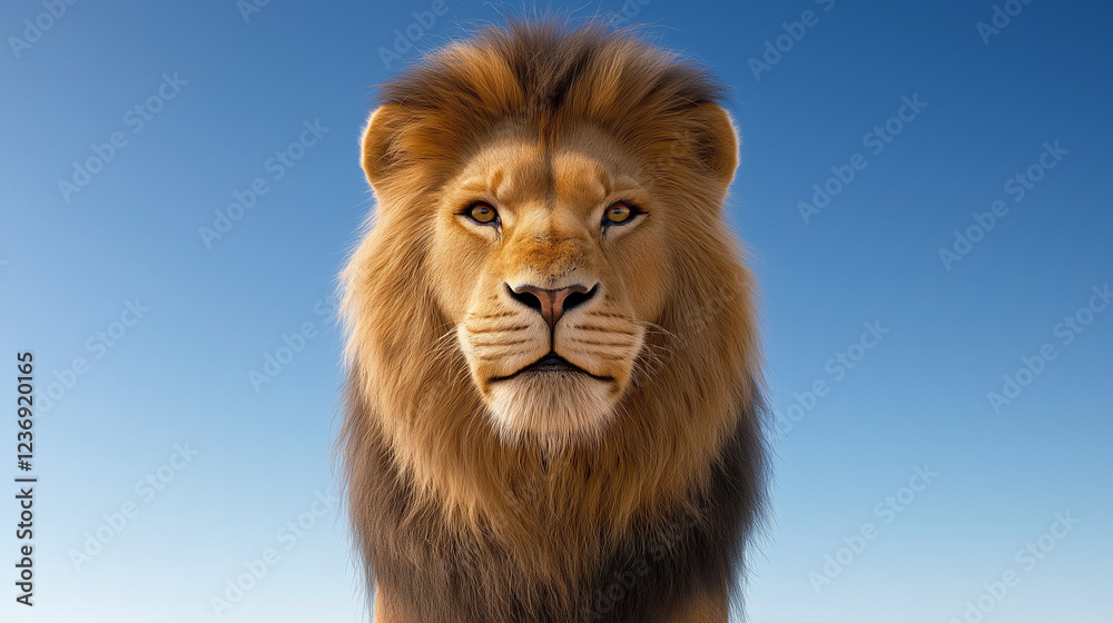 Obraz premium Majestic Lion Portrait: A regal male lion, with a magnificent dark mane, stares directly at the camera against a vibrant blue sky. The image evokes power, strength, and the untamed beauty of nature.