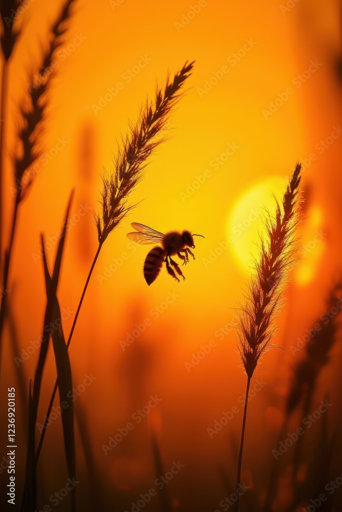 a bee flying over tall grass at sunset a bee flying over tall grass at sunset