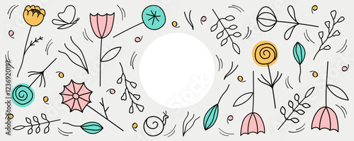 Vector banner with different Spring or Summer abstract Flowers for text. Hand drawn Background with blooming plants in minimalist style for web, print, paper. Design card for seasons and holidays