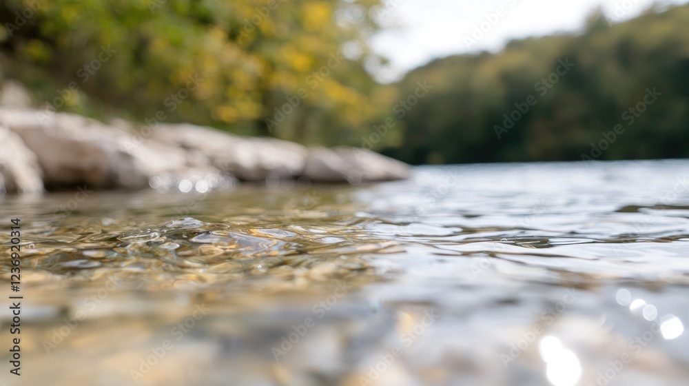 Calm river, autumn forest background, shallow water, nature scene Calm river, autumn forest background, shallow water, nature scene