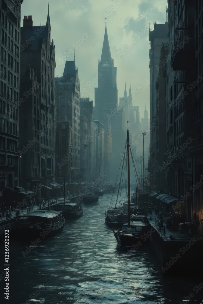 Fototapeta premium a city with tall buildings and boats in the water