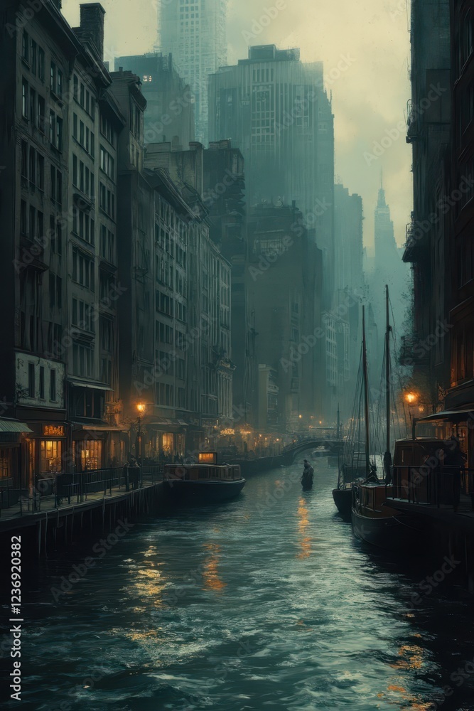 Fototapeta premium a city street with tall buildings and boats on the water