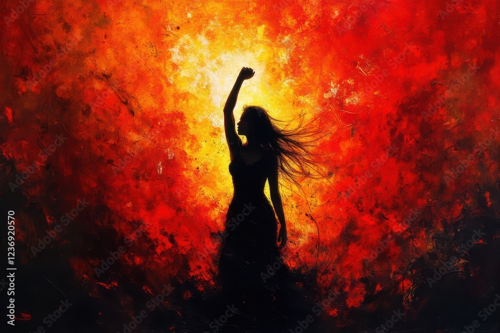Naklejka premium a woman in a black dress is standing in front of a red fire