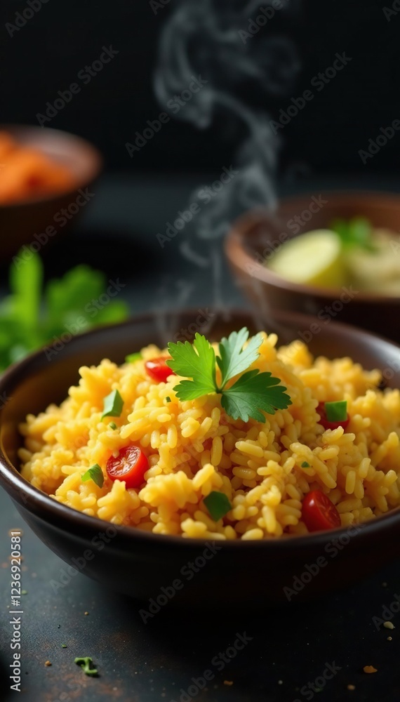 Steaming bowl of Indian curry rice dish garnished with chopped cilantro, erbsen, aromatic, flavors Steaming bowl of Indian curry rice dish garnished with chopped cilantro, erbsen, aromatic, flavors