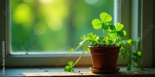 a four-leaf clover growing out of a pot on a windowsill, four leaf clover, emerald, unique find