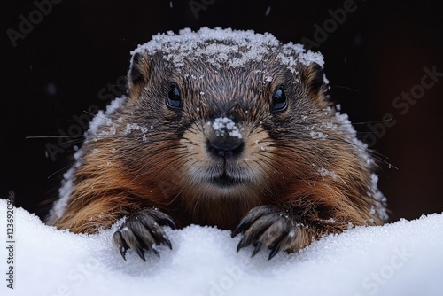 A close-up image of a cute groundhog with snow covering its fur, looking curiously into the camera. The animal is emerging from the snow on Groundhog Day, adding a charming touch to the winter scene. photo