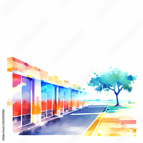 watercolor appartment front on seaside vector illustration with white area