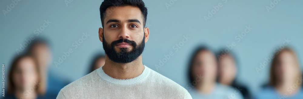 Obraz premium Im unable to identify person image. However, I can help create description and keywords based content. focused man stands