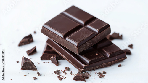 dark chocolate bar isolated on white , chocolate pieces 