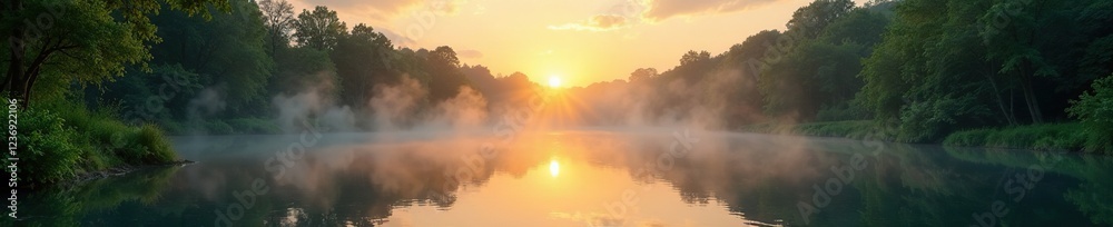 Obraz premium Misty dawn over lush greenery and tranquil pool, water, dawn