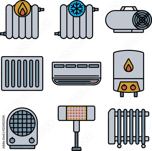 Heater icons. Set of colorful linear icons of heaters