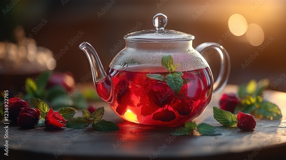 Rose tea in glass teapot on wooden table, warm sunset glow background