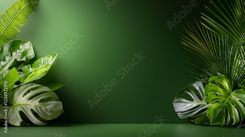 Tropical leaves frame green background; nature, studio, product placement photo