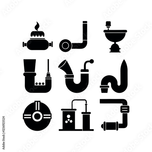 Collection of Vintage Pipes, Drainage, and Utensils Silhouettes