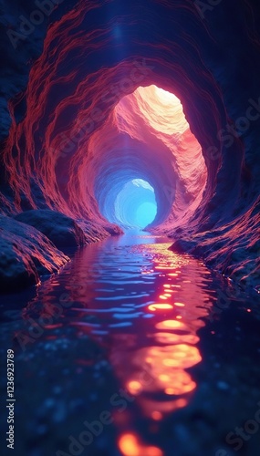 Iridescent colors form shimmering tunnel in watery depths, radiance path, luminous pathway photo