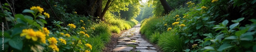 Obraz premium Stone pathway winding through a dense thicket of brambles, path, wild